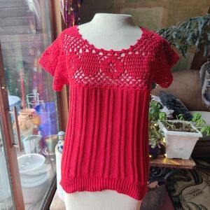 80s Red Crochet Cotton Knit Sweater Womens M Short Sleeve Fredericks Hollywood